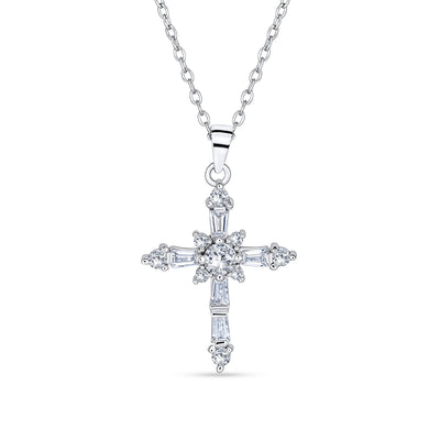 Bridal Necklace Vintage Marquise Cubic Zirconia Cross Pendant Sterling Silver