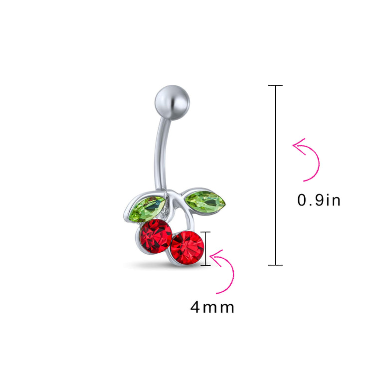 Red Crystal Cherry Branch Bar Navel Belly Ring 316L Stainless Steel