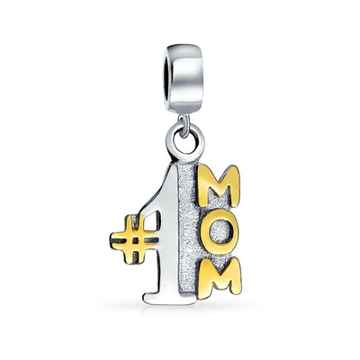 #1 Mom Dangle Charm Bead 14K Gold Plated Silver for Mother Wife Bracelet