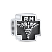 Set of 2 Nursing RN Caduceus Cross & Nurse Hat Charm Bead Sterling Silver