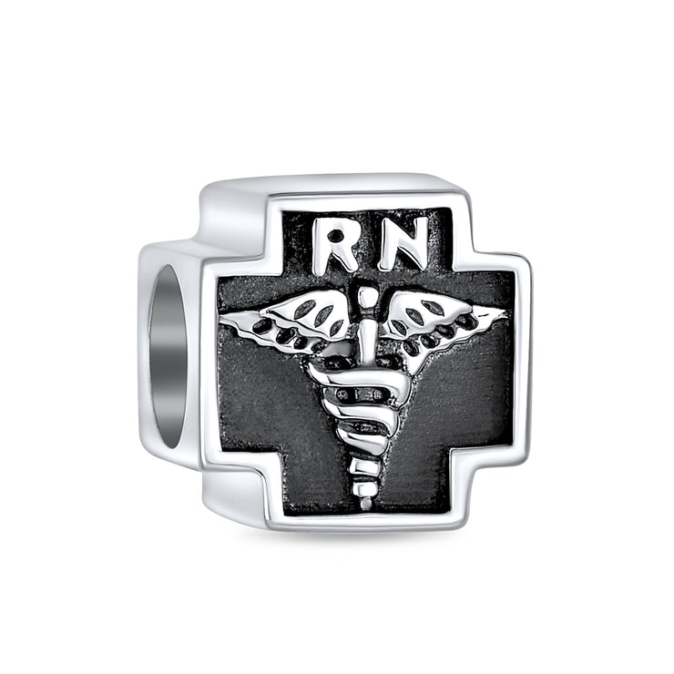 Set of 2 Nursing RN Caduceus Cross & Nurse Hat Charm Bead Sterling Silver