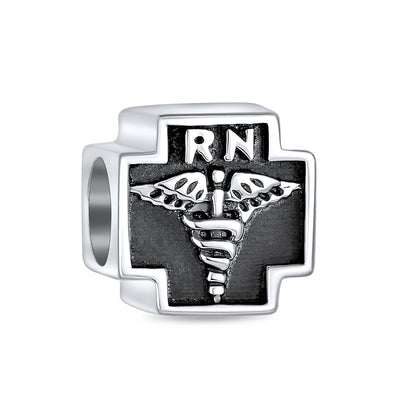 Nurse RN Caduceus Cross Charm Bead Sterling Silver for European Bracelet