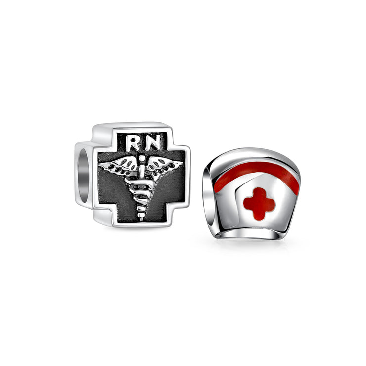 Set of 2 Nursing RN Caduceus Cross & Nurse Hat Charm Bead Sterling Silver
