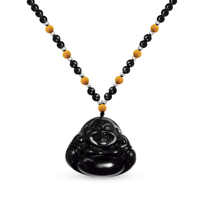 Yogi Amulet Mala Bead Boho Buddha Pendant Necklace for Men - Brown Black Carved