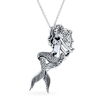 Nautical Sea Siren Mermaid Pendant Necklace in Oxidized Sterling Silver