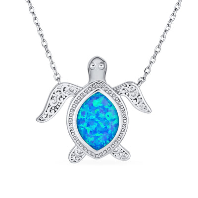 Large Pendant Blue Opal Turtle Station Necklace .925Sterling Silver