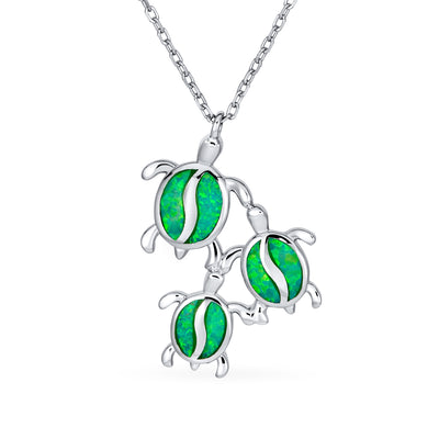 Green Opal Mom Family Turtles Pendant Necklace .925Sterling Silver