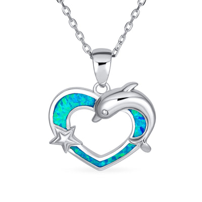 Blue Opal Nautical Trio Heart Starfish Dolphin Pendant Necklace Silver