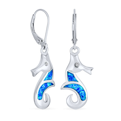 Sea Animal Blue Opal Seahorse Dangle Gemstone Earrings  Sterling Silver Leverback