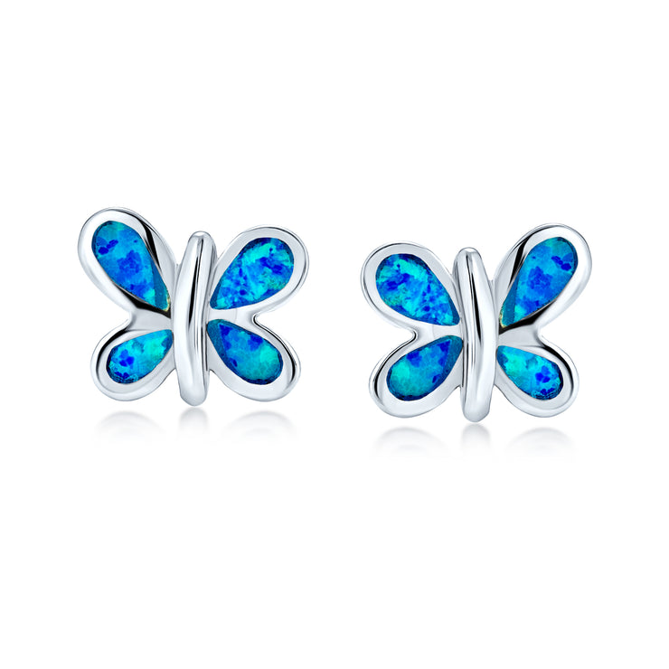 Inlay Blue Created Opal Butterfly Stud Earrings .925Sterling Silver