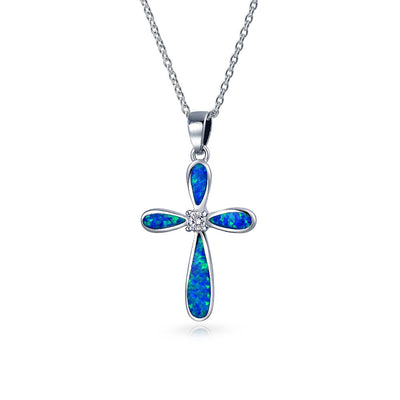 Gemstone CZ Blue Created Opal Cross Pendant Necklace Sterling Silver