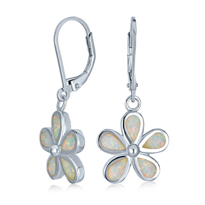 Flower Created Opal Plumeria Drop Lever back Earrings Sterling Silver