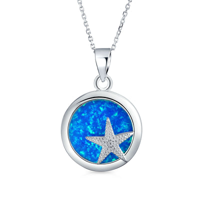 Circle Starfish Pendant Blue Created Opal Necklace Sterling Silver