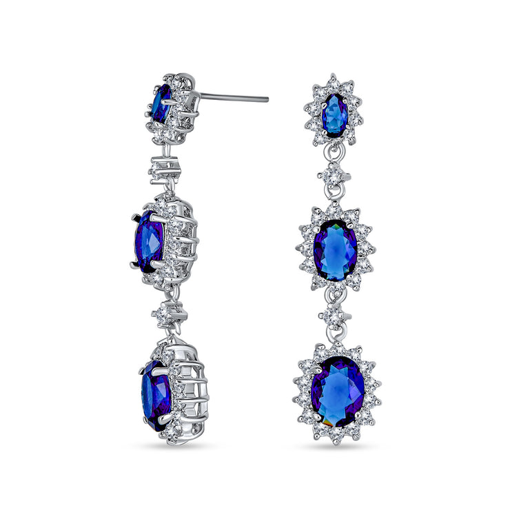 Traditional Blue Triple Halo AAA CZ Sapphire Chandelier Earrings Silver Plated