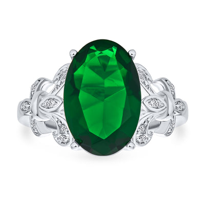 Fleur De Lis Vintage Style Engagement Ring with Emerald Green CZ Solitaire