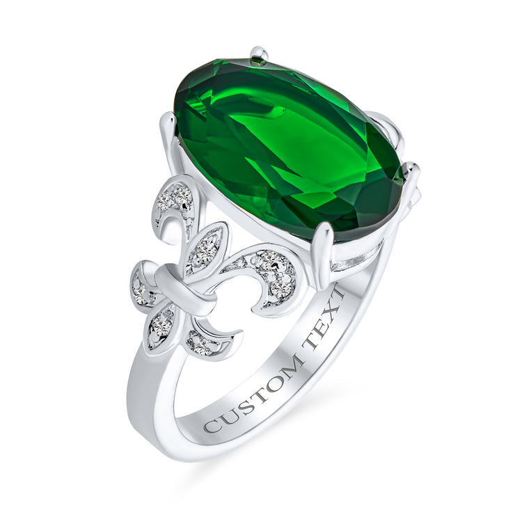 Fleur De Lis Vintage Style Engagement Ring with Emerald Green CZ Solitaire