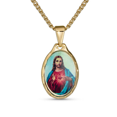 Oval Religious Medal Sacred Heart Jesus Pendant Necklace Gold Plated