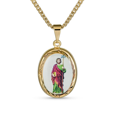 Oval Religious Medal Shepherd Rod & Staff Jesus Pendant Necklace Gold Plated