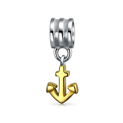 Two Tone Nautical Anchor Dangle Charm Bead 14K Gold Plated Sterling Silver