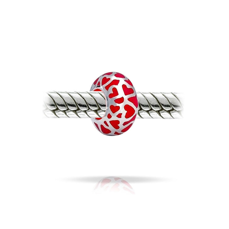 Set of 2 Red Silver Heart Murano Glass Charm Bead for European Bracelets