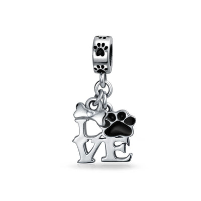 BFF Pet Lover Black Dog Cat Paw Print Dangle Charm Bead for European Bracelet