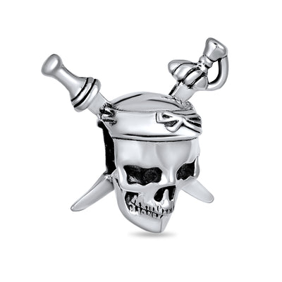 Halloween Pirate Skull & Cross Swords Charm Bead Sterling Silver for European Bracelet