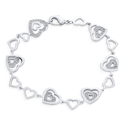 Romantic Cubic Zirconia CZ Alternating Open Multi Hearts Bracelet 7"