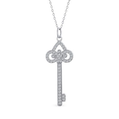 Fleur De Lis Key Pendant Pave Cubic Zirconia CZ Silver Necklace