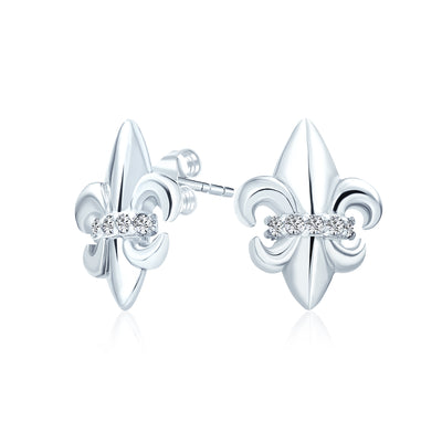 Ancient Symbol Lily Flower Fleur De Lis Stud Earrings CZ .925 Sterling Silver