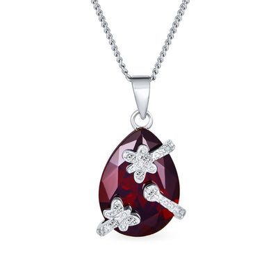 Romantic Pave Butterfly Ruby Red Teardrop Pendant Necklace Sterling Silver Chain