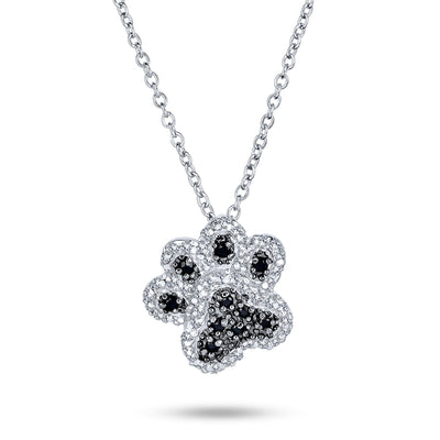 Black Pave CZ Dog Cat Puppy BFF Pet Paw Print Pendant Necklace Sterling Silver