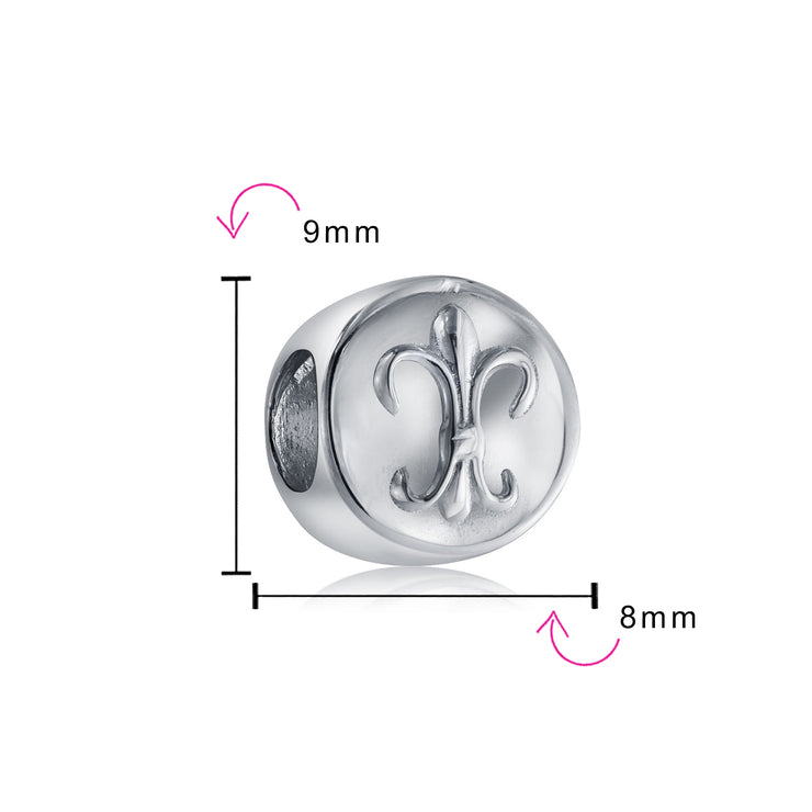 Set of 2 Symbolic Flower Ornate Fleur De Lis Charm Bead Sterling Silver