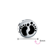 Set of 3 Black White Sand Tiny Feet Footprints Charm Bead Murano Glass Silver