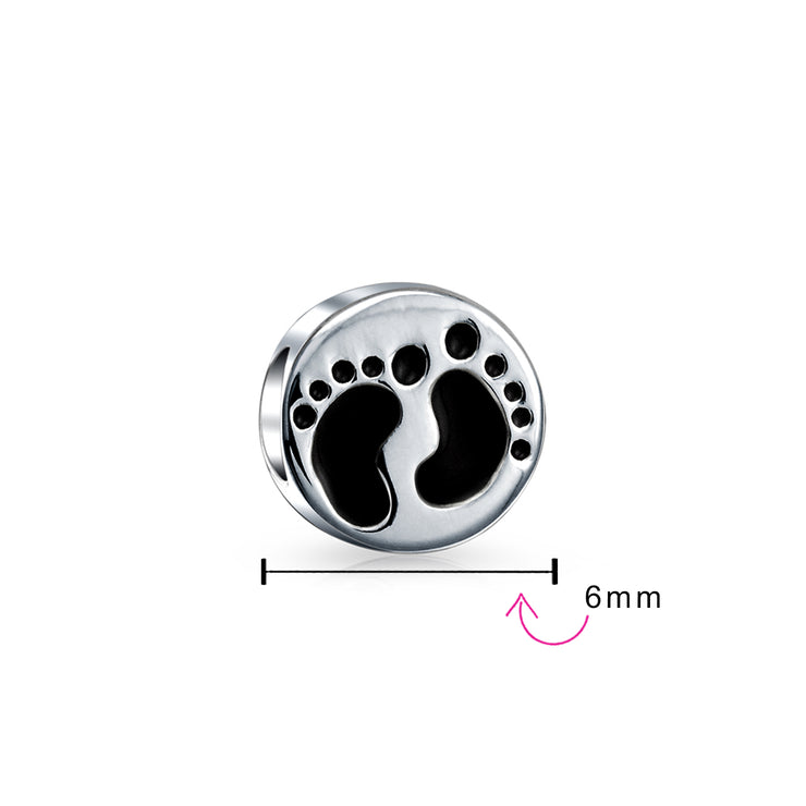 Set of 3 Black White Sand Tiny Feet Footprints Charm Bead Murano Glass Silver