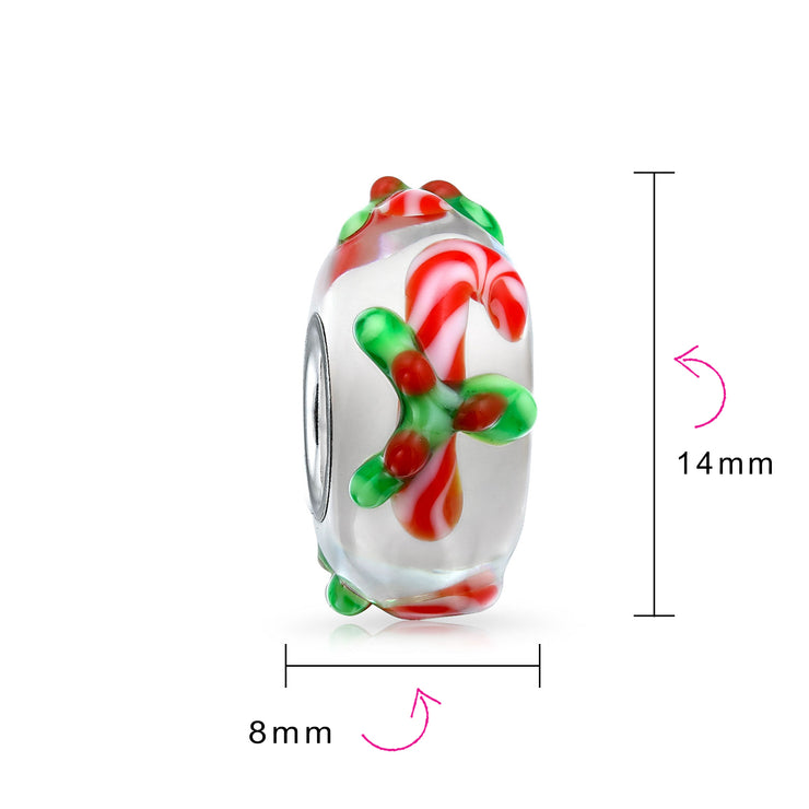 Set of 2 Christmas Charm Bead Red Candy Cane Peppermint Murano Glass Silver