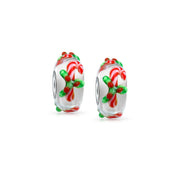 Set of 2 Christmas Charm Bead Red Candy Cane Peppermint Murano Glass Silver