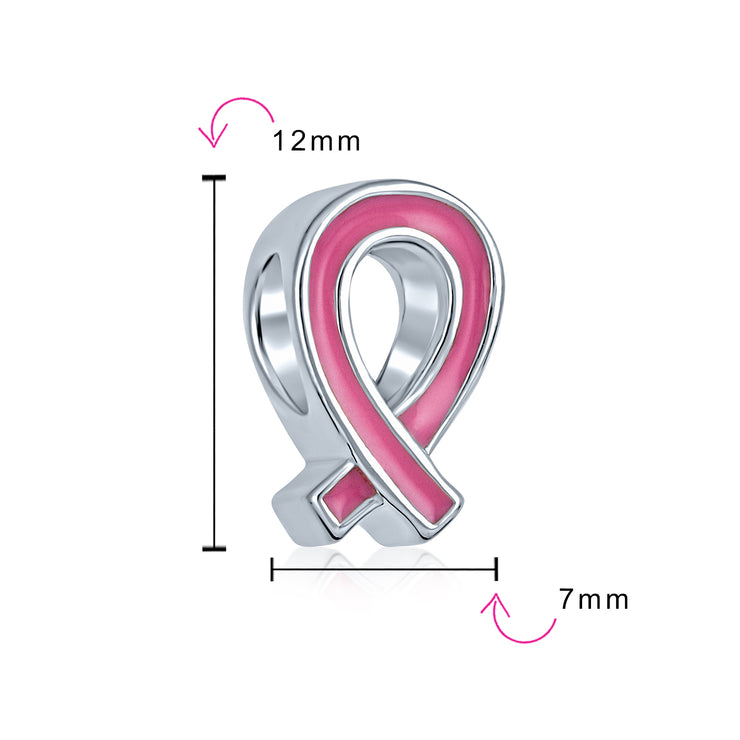 SET OF 3 Pink Ribbon Breast Cancer Survivor Charm Bead - Sterling Silver Jewelry