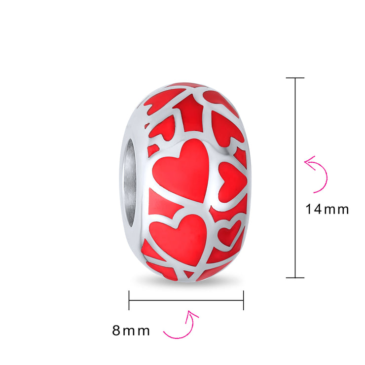 Set of 2 Red Silver Heart Murano Glass Charm Bead for European Bracelets