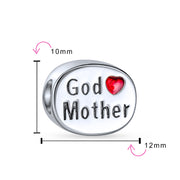 God Mother Family Love Heart Oval Two Side Charm Bead Sterling Silver