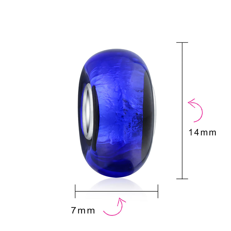 Set of 2 Navy Blue Foil Murano Glass Glass Charm Bead with Sterling Silver Core