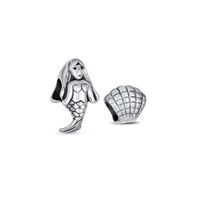 Set of 2 Nautical Clam Shell and Sea Nymph Mermaid Charm Bead Sterling Silver
