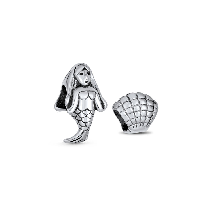 Set of 2 Nautical Clam Shell and Sea Nymph Mermaid Charm Bead Sterling Silver