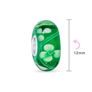 Set of 4 Green Floral Hibiscus Glass Charm Bead Silver for European Bracelet