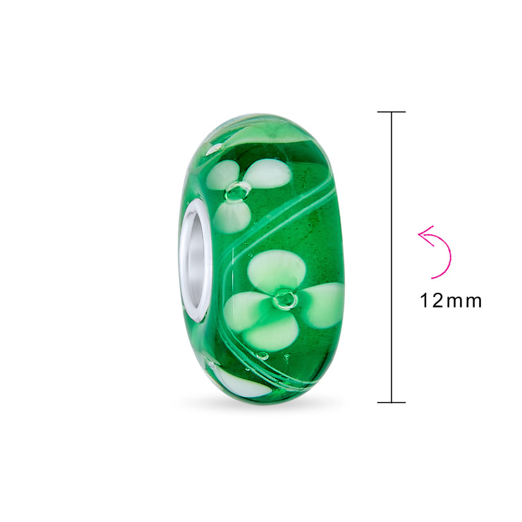 Set of 4 Green Floral Hibiscus Glass Charm Bead Silver for European Bracelet