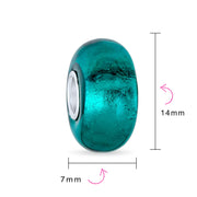 Set of 2 Translucent Solid Teal Blue Green Glass Charm Bead Sterling Silver Core