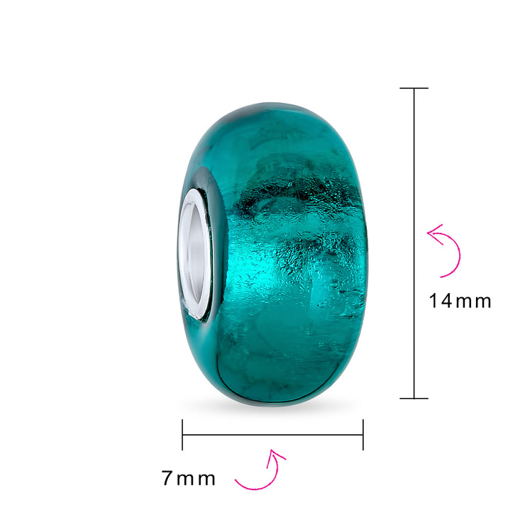 Set of 2 Translucent Solid Teal Blue Green Glass Charm Bead Sterling Silver Core