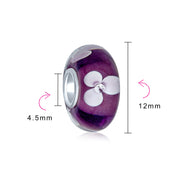 Set of 4 White Purple Flower Murano Glass Spacer Charm Bead Sterling Silver Core