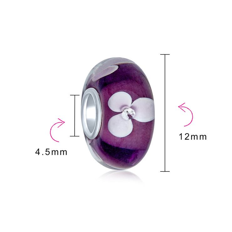 Set of 4 White Purple Flower Murano Glass Spacer Charm Bead Sterling Silver Core