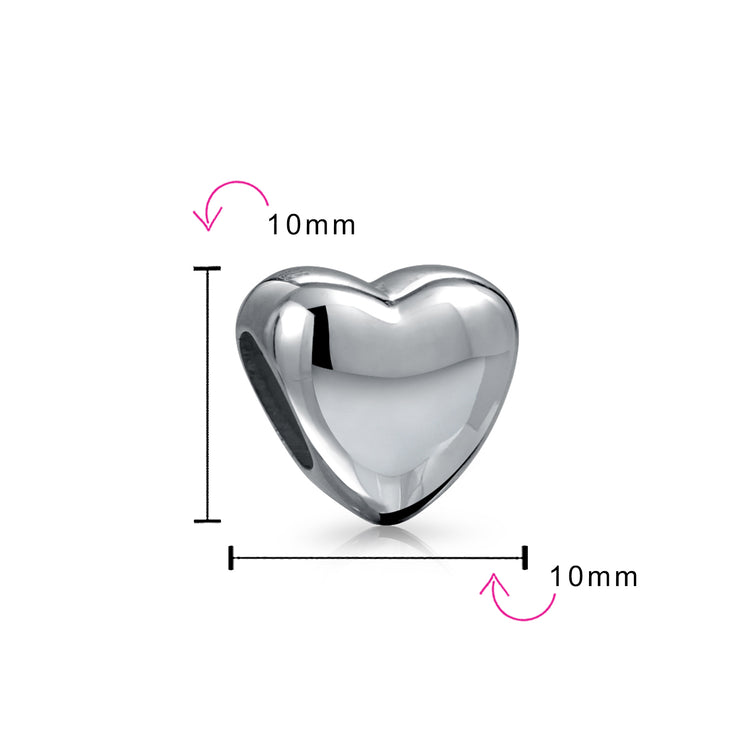 Set of 2 Simple Heart Bead Charm Sterling Silver for European Bracelet