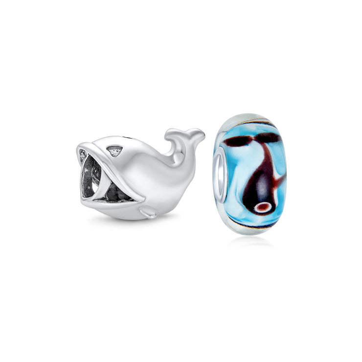 Set of 2 Nautical Ocean Whale Charm Bead Glass Oxidized Sterling Silver